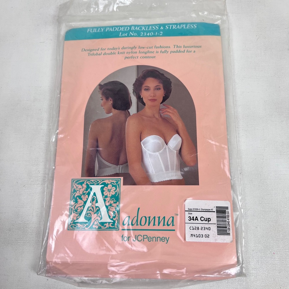 Vtg Adonna Longline Bra‎ Backless Bustier Corset Strapless Champagne 34A Cup